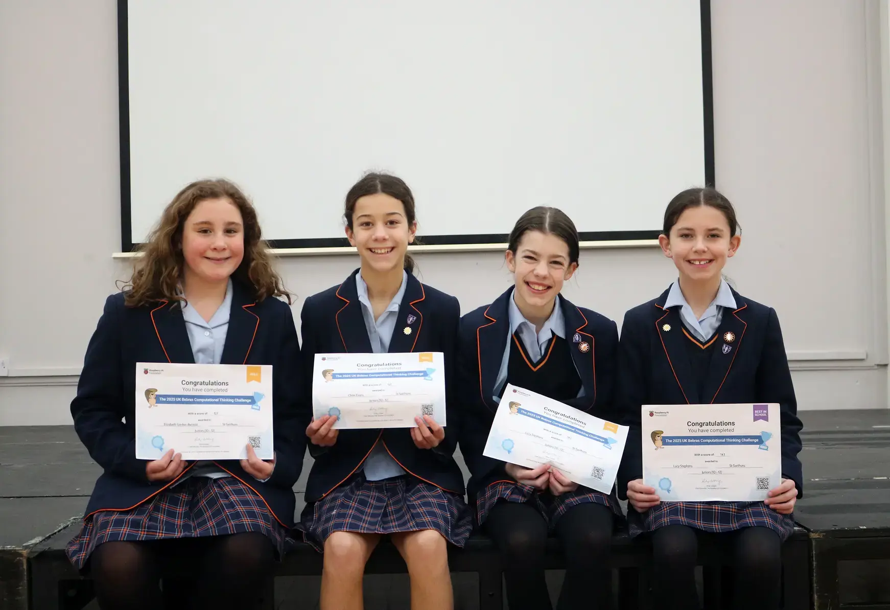 Students at St Swithun's School for girls in Hampshire with certificates for computer science 