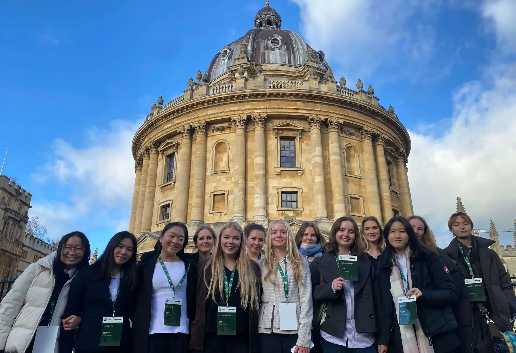 Sixth form success in global competition at Oxford University girls standing together