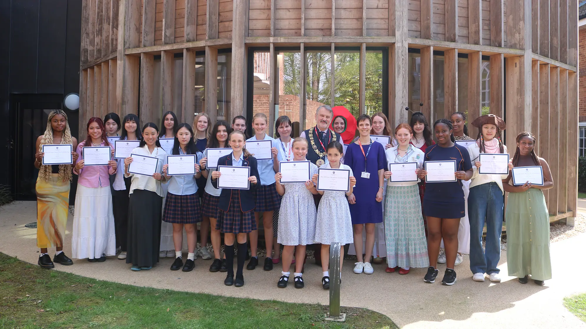 Students at St Swithun's School for girls in Hampshire with the Mayor of Winchester